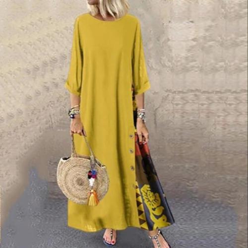 

Autumn retro flower round neck contrasting color button stitching seven-quarter sleeve M жёлтый