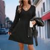 Women's Casual V-neck Hollow-out Scale Texture Solid-color Long-sleeve Sweater Dress