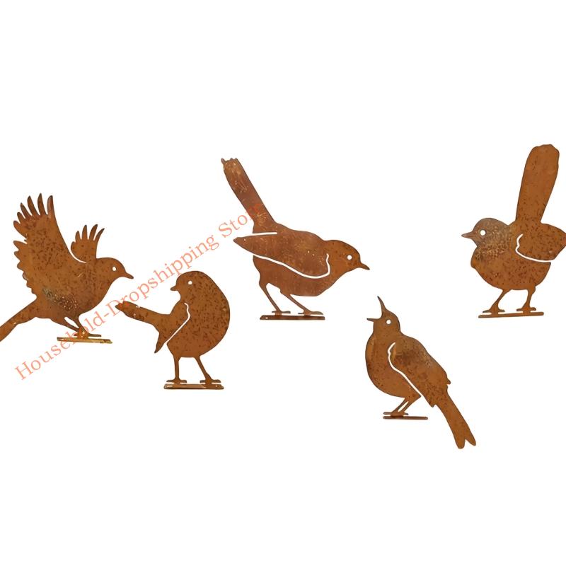 Decorative Metal Bird Figurines Set with Realistic Rusts Finish For Garden Pathway Accent Backyard Ornament 85AD