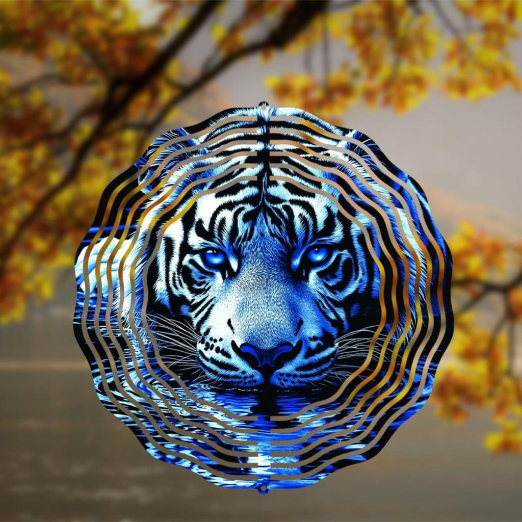 Metal Wind Spinner 2D Blue Tiger Design Hanging Decor for Garden Yard Balcony Outdoor Decoration No Battery Needed