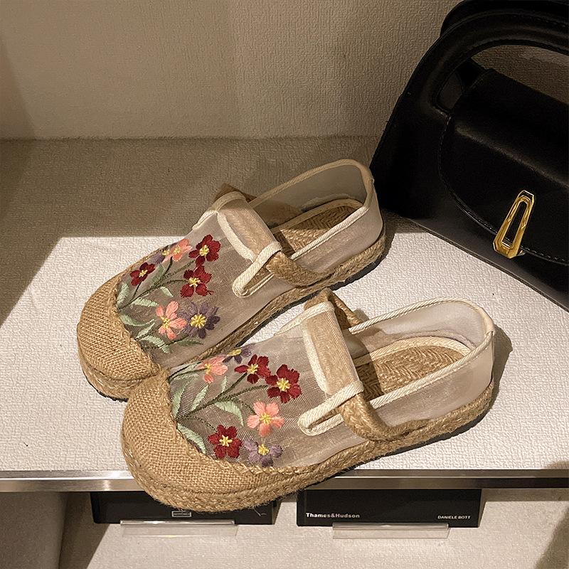 New Spring and Summer Cloth Shoes Bag Head Home Mesh Indoor and Outdoor Ethnic Style Flat Bottom Embroidered Flower Women's Cool Slippers