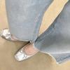 Sheepskin version~ Soft leather silver square head bow light mouth leather thin Mary Jane shoes women's flat ballet shoes