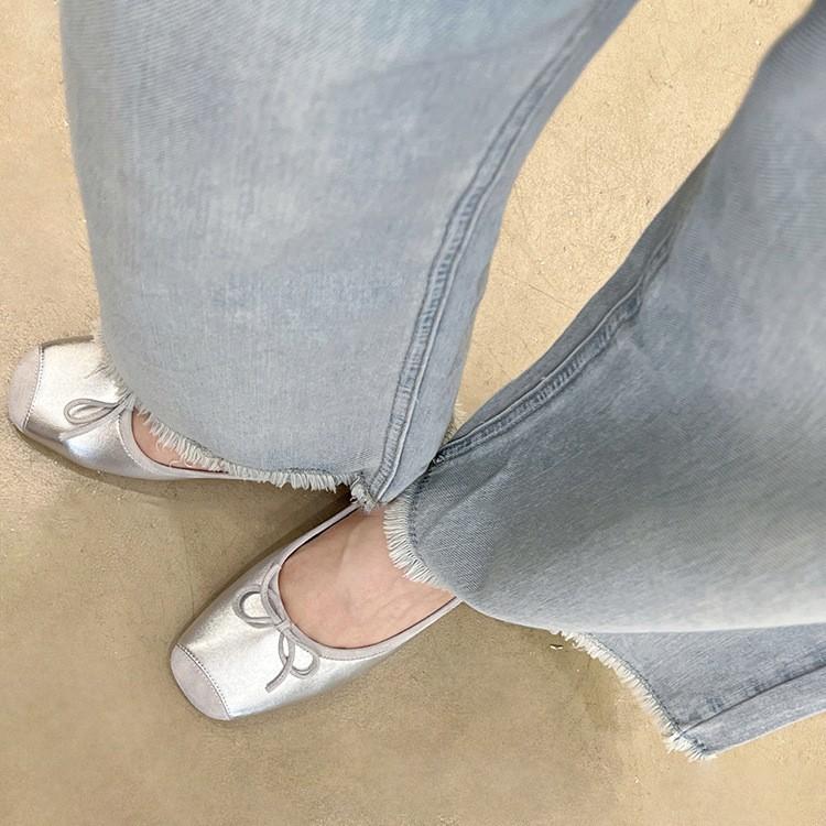 Sheepskin version~ Soft leather silver square head bow light mouth leather thin Mary Jane shoes women's flat ballet shoes