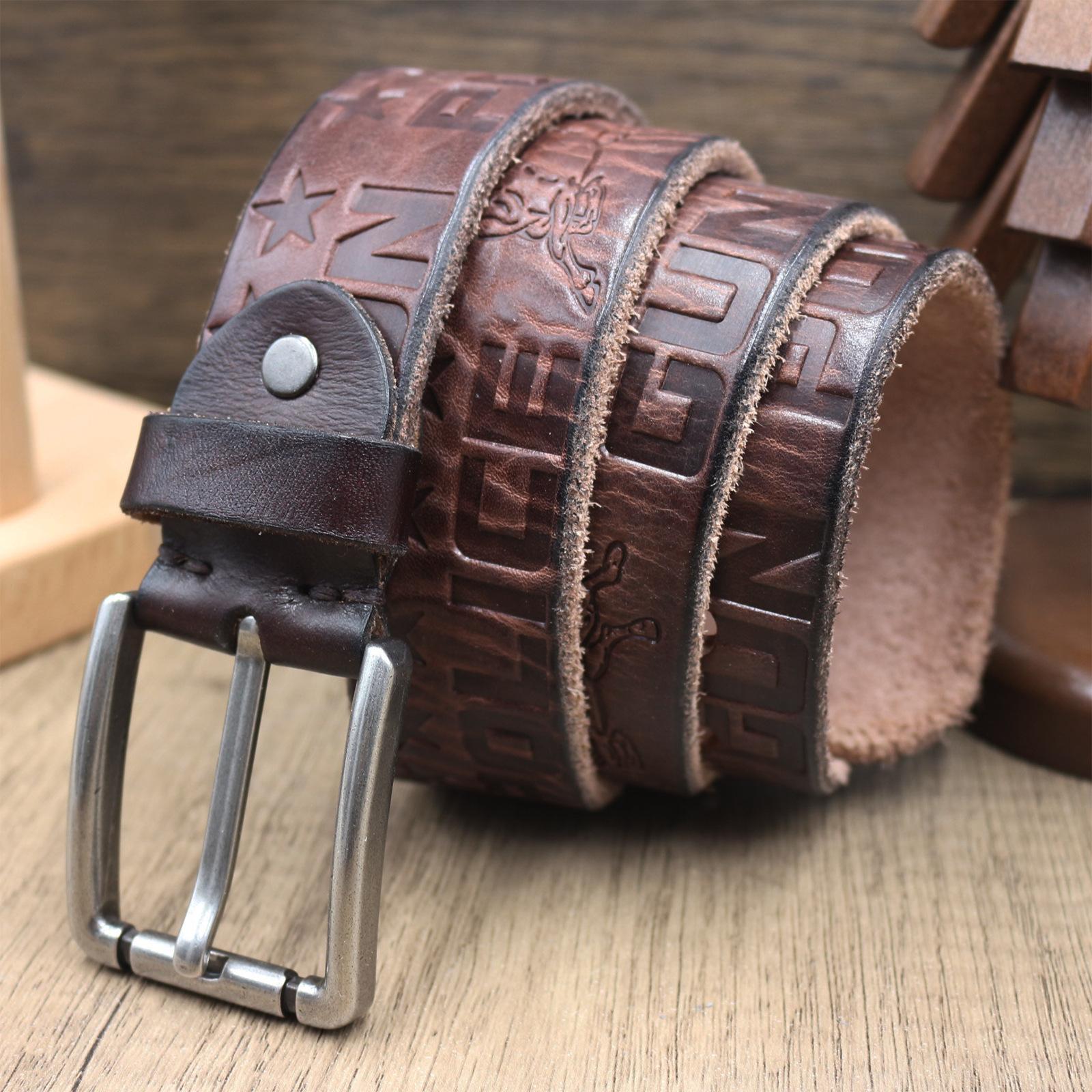 Italian Thickened Head Layer Cowhide Belt Men s Genuine Leather Pin Buckle European and American Retro American Embossed Versatile Jeans Belt 130cm