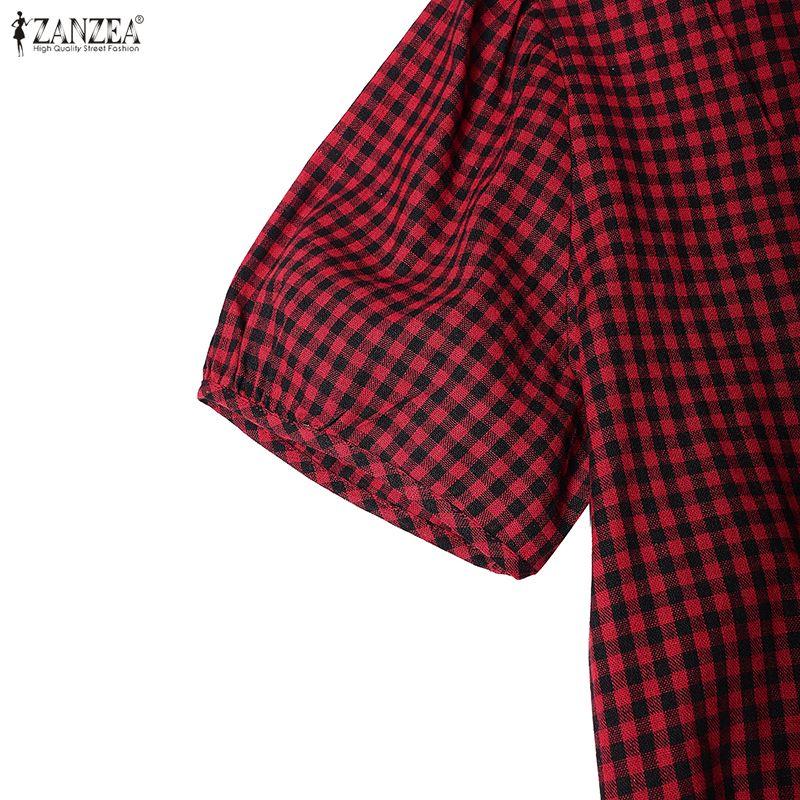 ZANZEA Women Casual Square Collar Summer Short Sleeve Grid Print Dress