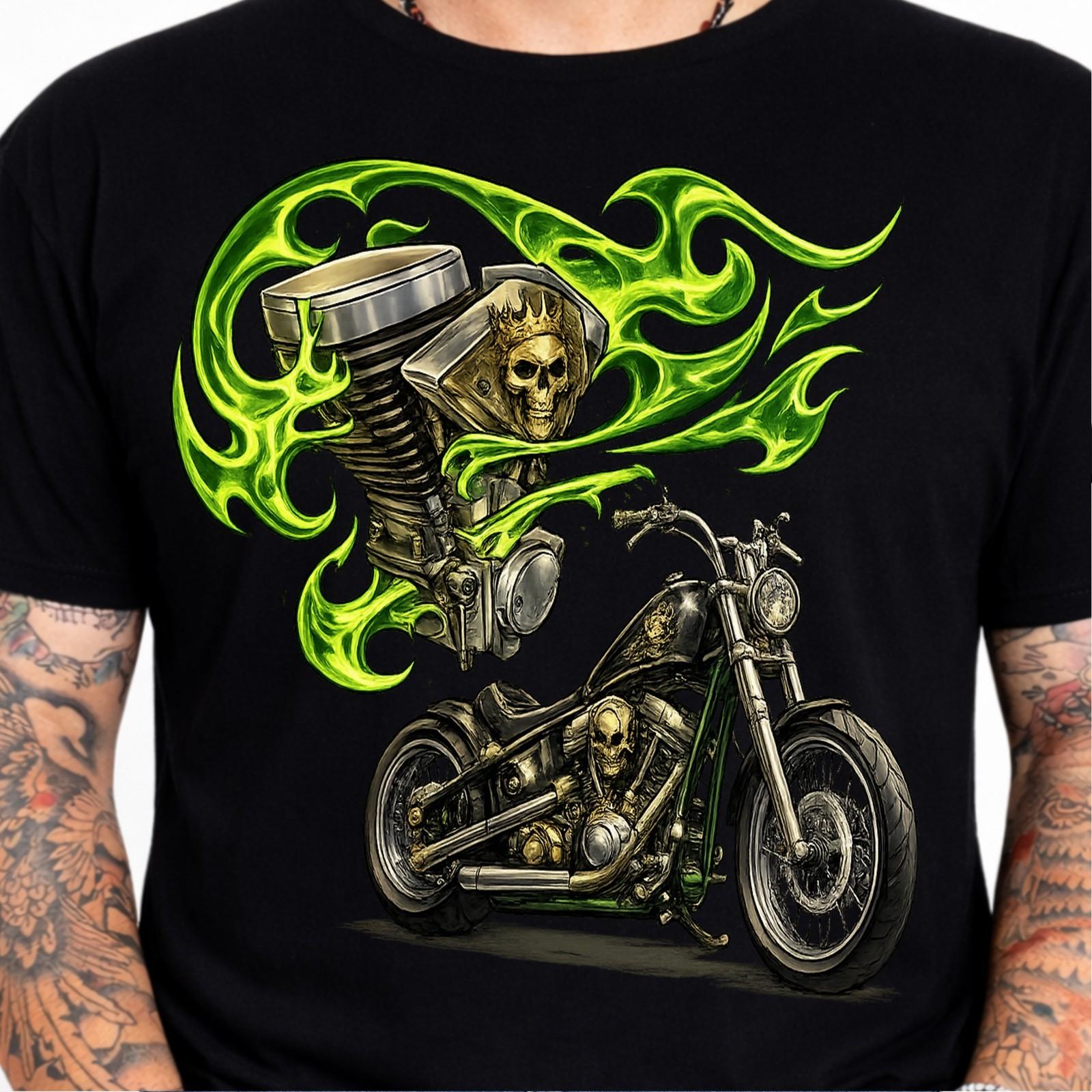 Skull Motorcycle Engine Chopper Bike Piston Green Flames Biker Edgy Graphic Tee L