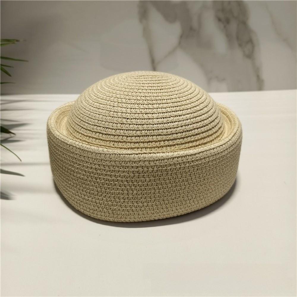 Circle Concave Top Handemad Straw Pillbox Hat Flat Top Straw Sun Hat Pillbox Cap Women Headwear