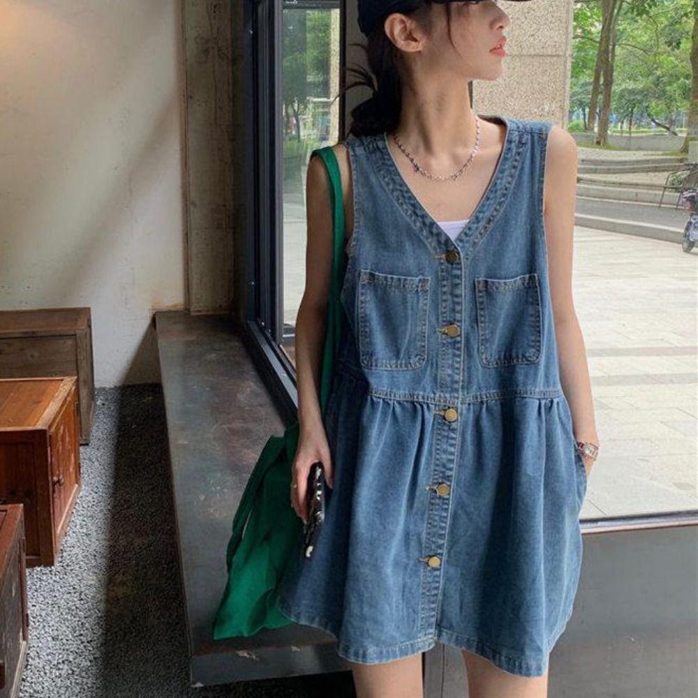 High Waisted Denim Camisole Dress Pleated Sleeveless Short Dress Elegant Cowboy Strap Dress  Summer