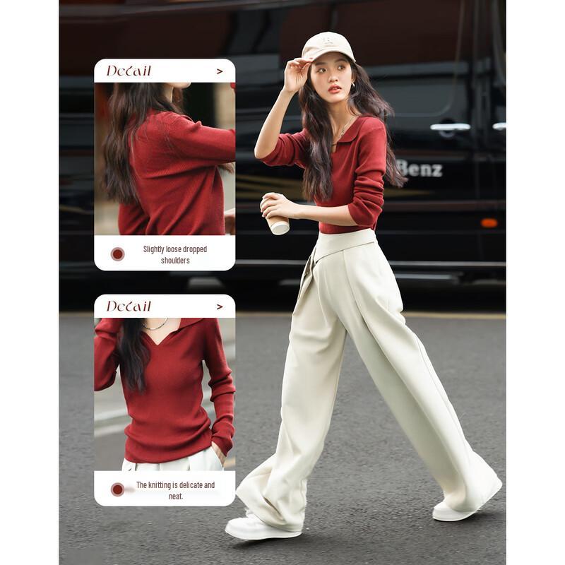 Demana 2025 Frühling/Herbst Polo-Kragen Strick Slim-Fit Top