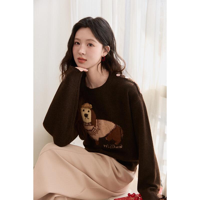Women's Puppy Jacquard Round Neck Knitted Pullover Sweater