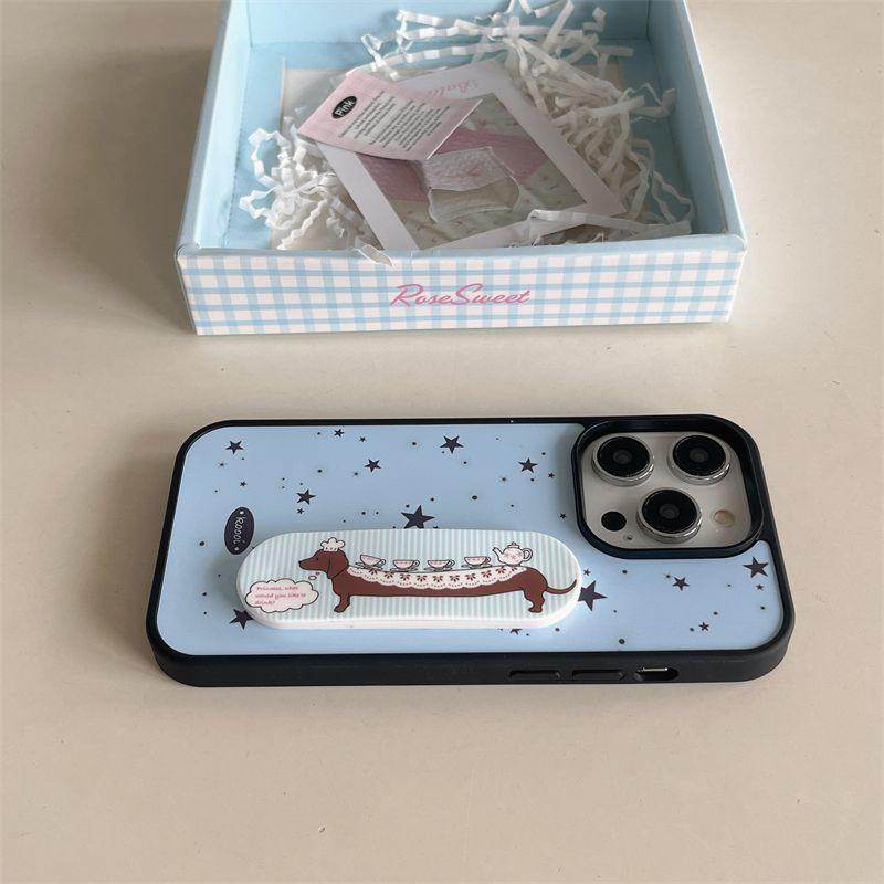Korean Blue Star Cute Puppy Cartoon Band Aid Bracket Phone Case For iPhone 17 Air 16 15 14 13 12 11 Pro Max Plus Kawaii Cover