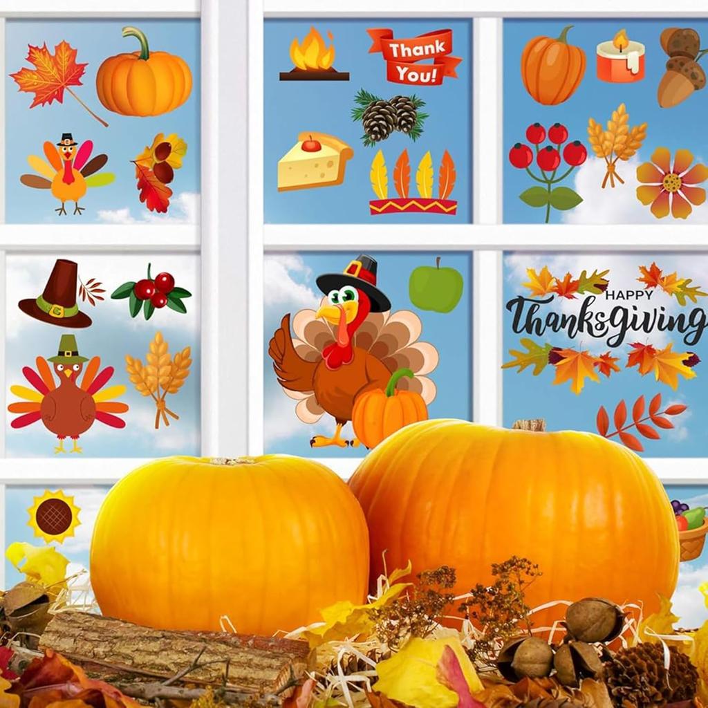 158Pcs Thanksgiving Window Clings for Glass Window, Double Sided Fall Turkey Window Stickers Deals Decor for Home Office Decorations, Thanksgiving