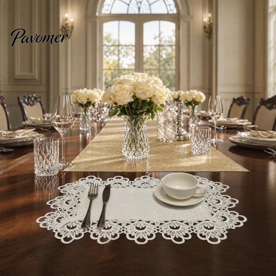 Romantic Simple Design Placemat White Lace Placemat, Foldable Soft Anti-Wrinkle Table Mat, Heat Hollow Mat Resistant Non-Yellowing Durable Dining