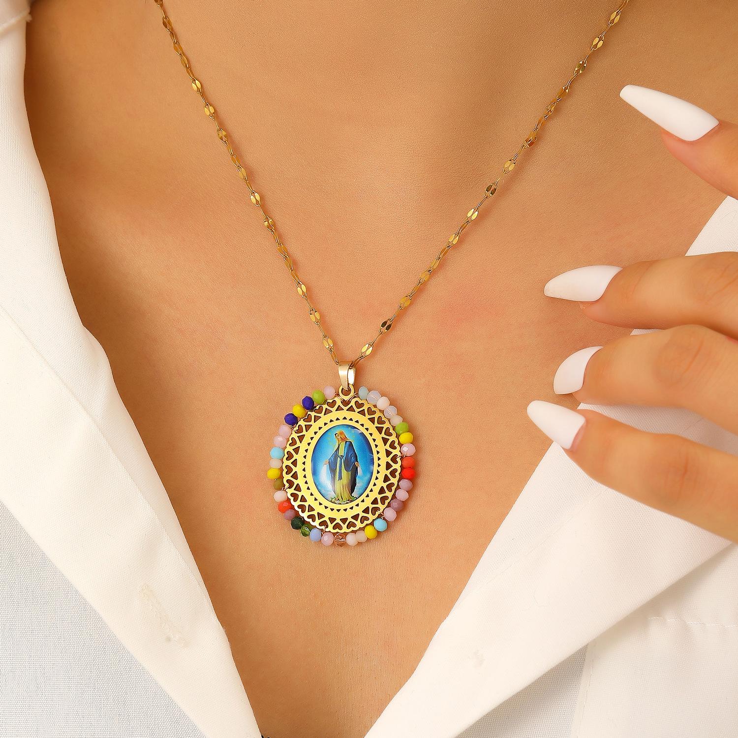 Stainless Steel Virgin Mary Crystal Pendant Necklace