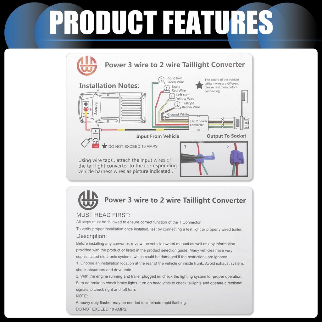 INFINAUTO Powered 3-to-2 Wire Splice In Trailer Tail Light Converter Vehicle 4 Pin Wiring
