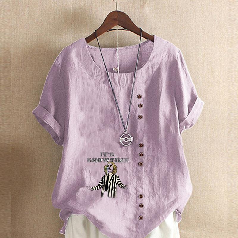 Women's Fashion Joker Pattern Prined Round Neck Short Sleeve T-shirt Casual Cotton Linen Graphic Shirt Leisure Loose Summer Blouse Tops