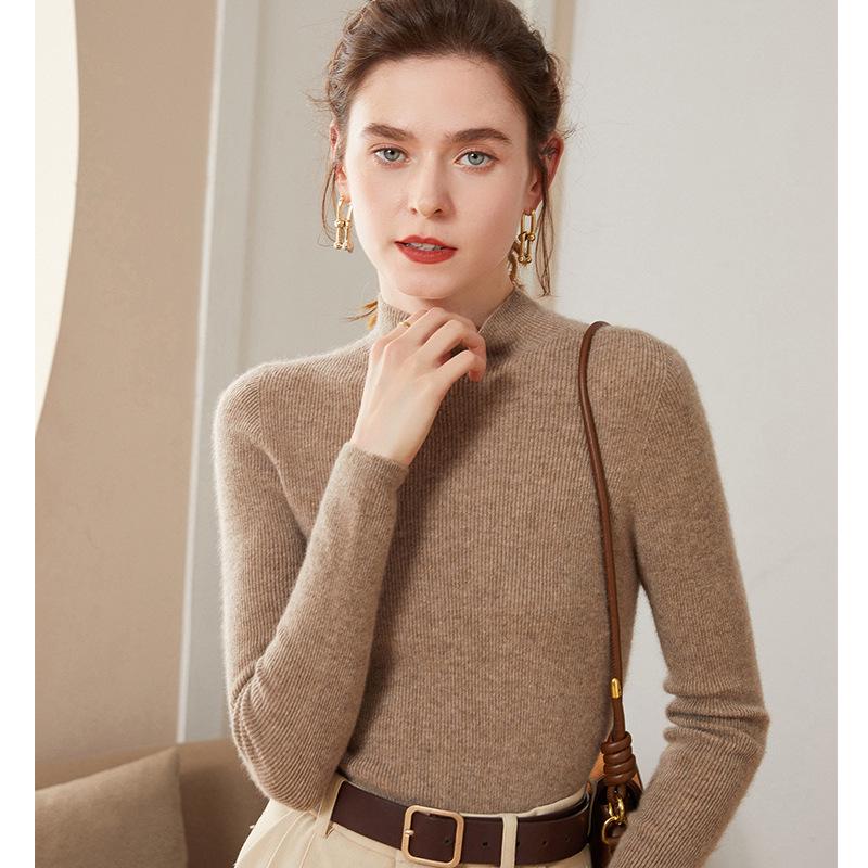 Women's High-Quality Cashmere Knit Base Layer Top - Long Sleeve, Tight-Fit, Warm & Soft Sweater for Autumn/Winter