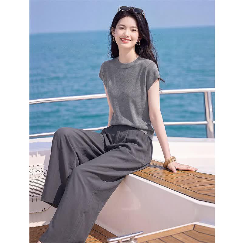 Women's Elegant Knit T-shirt & Wide-Leg Pants Set