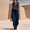 Women Sleeveless V Neck Loose Fit Pullover Top High Waist Wide Leg Pants Set Casual Two Piece Outfit