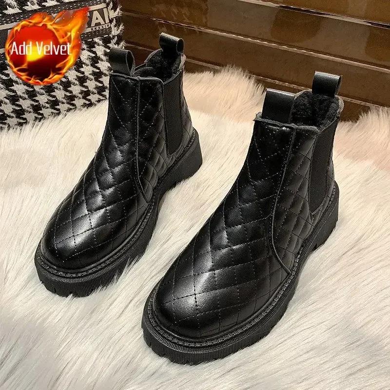 

Ботинки женские туфли с круглым носком женские зимние сапоги мода 2024 элегантные на среднем каблуке дизайнерские роскошные удобные плюс теплые 39 40