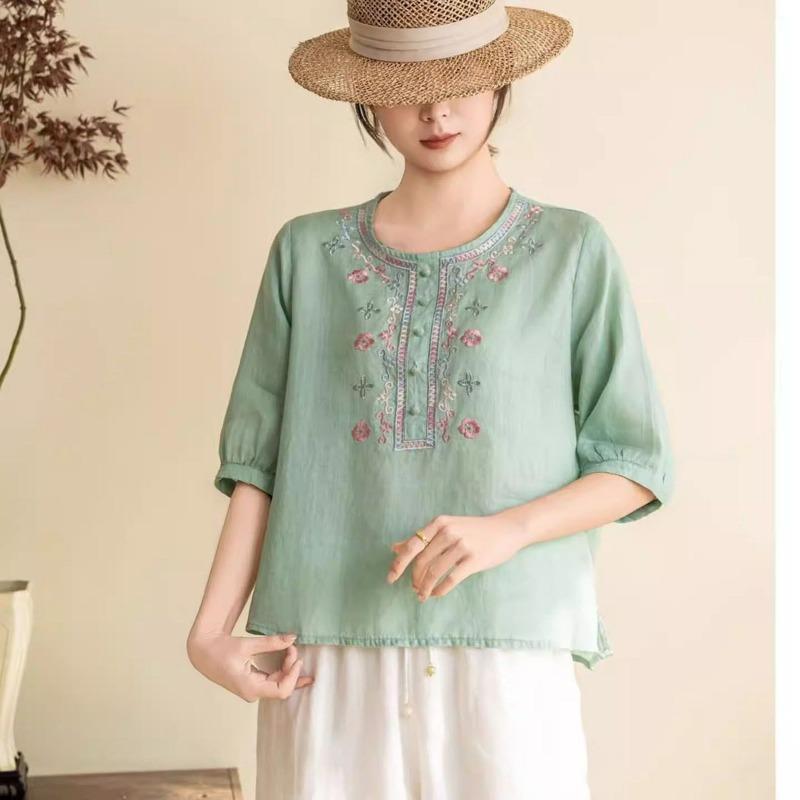 Womens Pink Linen Blouse Casual Floral Embroidered Half Button 3/4 Sleeve Top