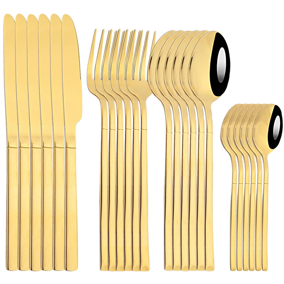 

24Pcs Cutlery Set Stainless Steel Tableware Black Gold Dinnerware Set Knife Cake Fruit Fork Spoon Flatware Set Party Supply