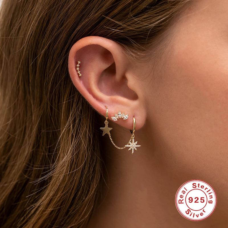 S925 Sterling Silver Mixed And Matched Chain Double Wear Stacked Wind Star Diamond Pendant Earrings Earrings