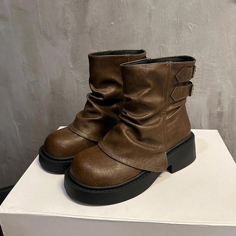 Platformové Kotníkové Dámské Kozačky Střední Podpatek Zimní Kožené Dámské Boty 2025 Trend Zbrusu Nové Robustní Módní Teplé Pohodlné Sněhové Boty pro Ženy