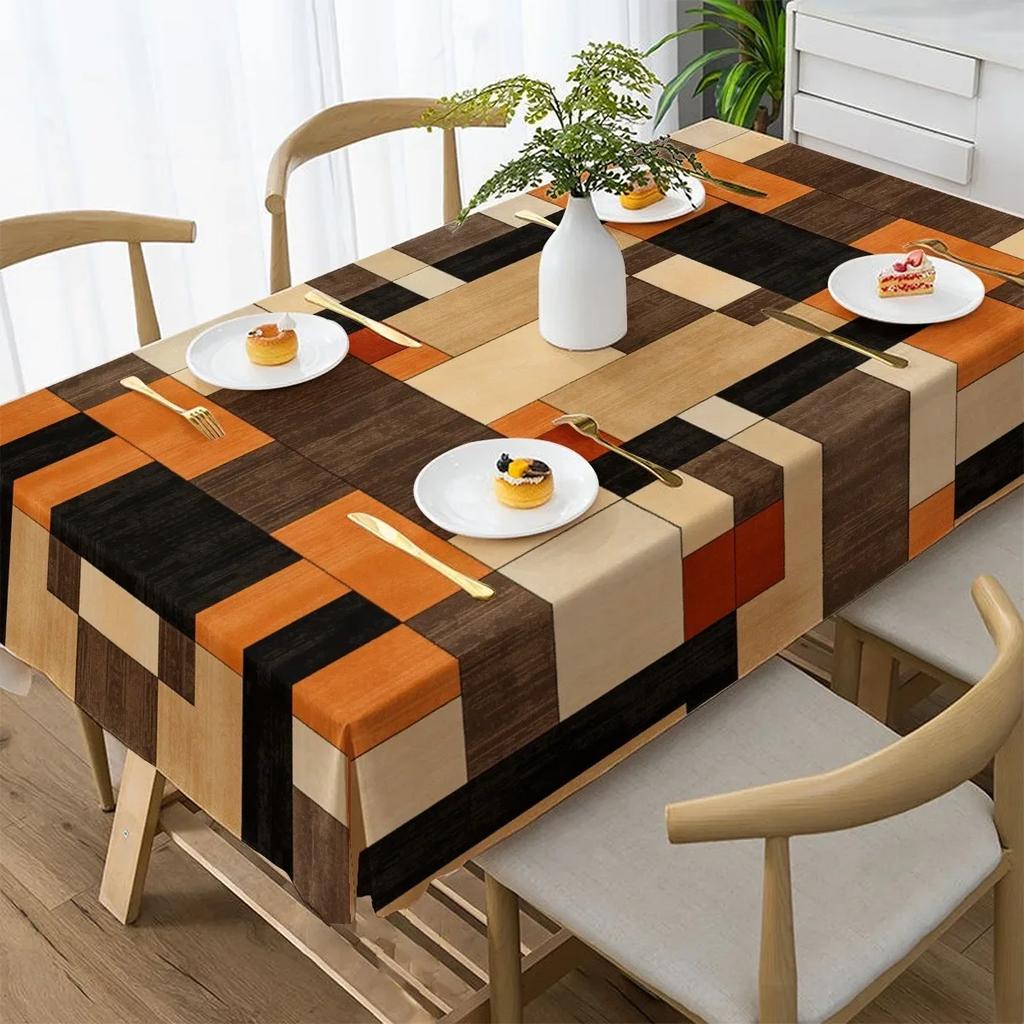 One modern abstract tablecloth - bold black/brown/beige/orange geometric patternsxzj