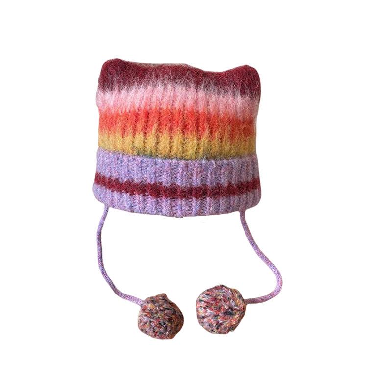 Korean Niche Retro Plush Striped Knitted Hat for Women In Autumn and Winter Warm Ear Protection Hat Handmade Dopamine Wool Hat