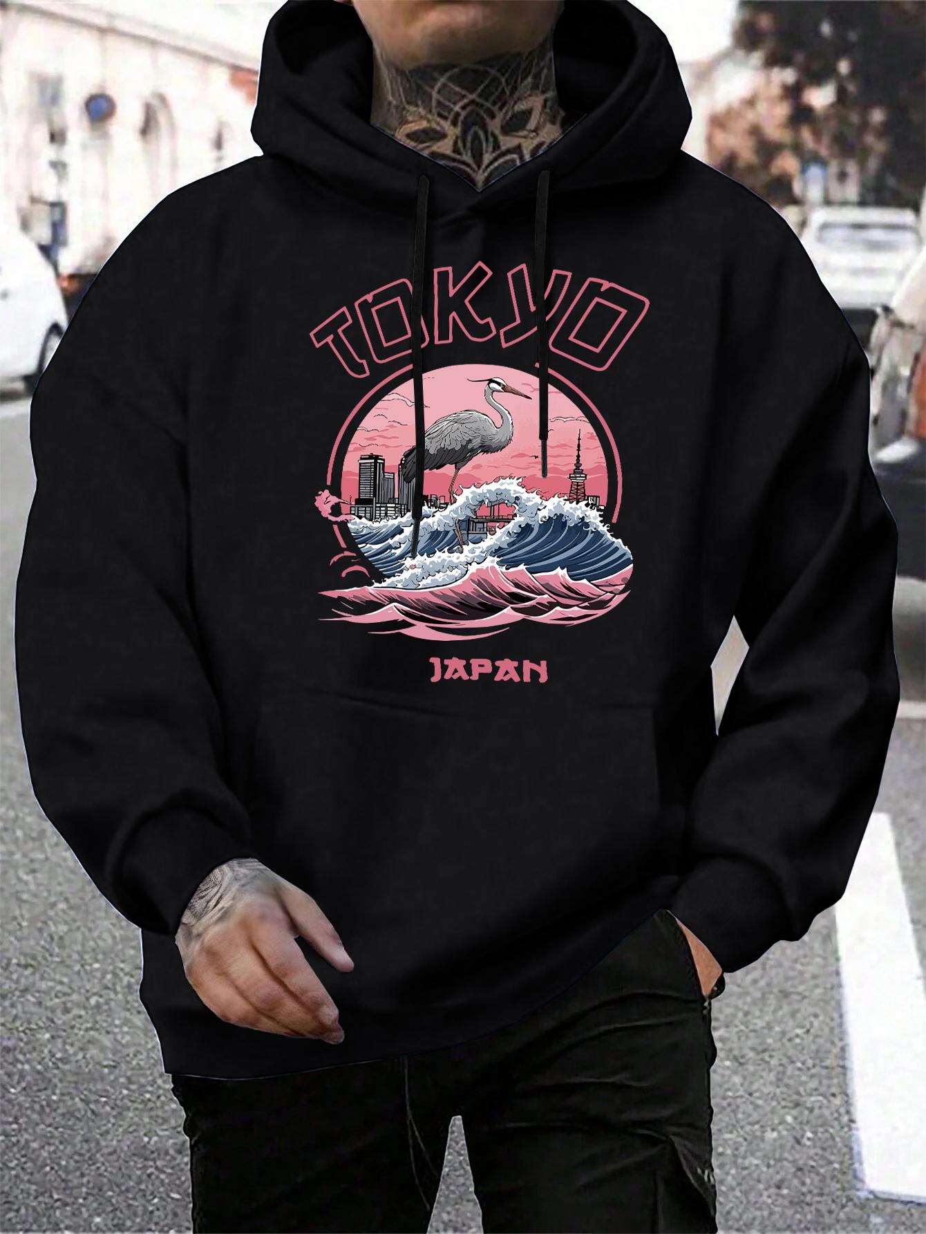 

Tokyo Japan Harajuku Crane Waves Printing Mens Hoody All-Match Fleece Hoodies Pocket Man Sportswear Casual Loose Pullover 3XL