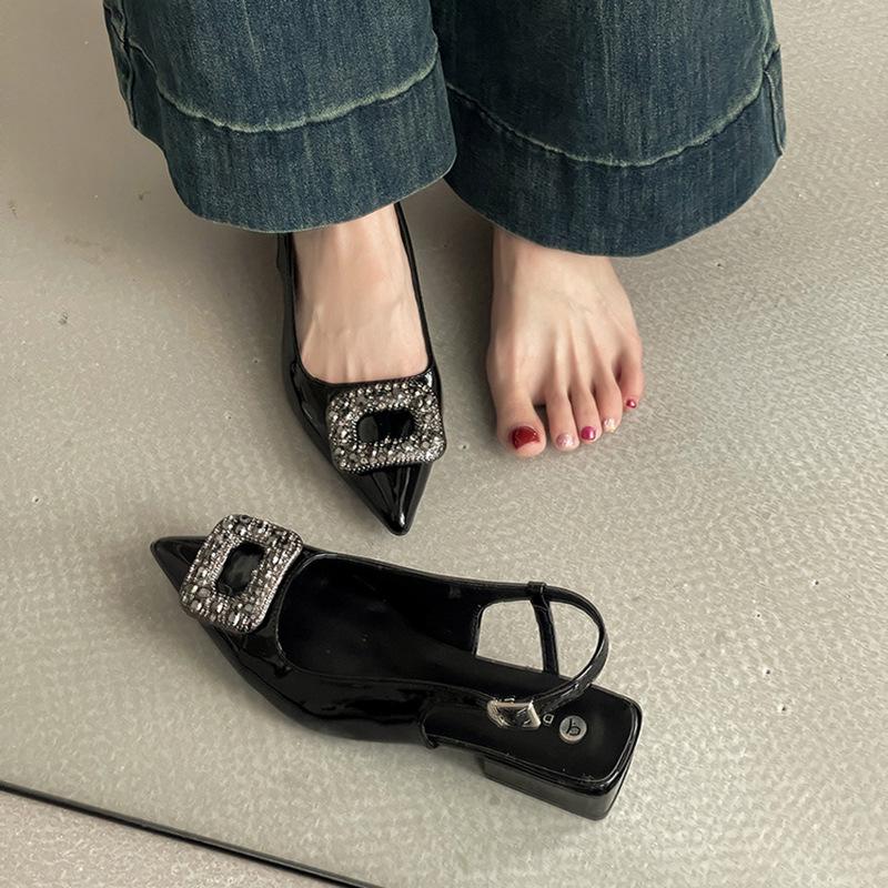 French Simple Temperament Rhinestone Square Buckle Pointed Sandals Women's 2025 Summer New Outer Wear with Skirt Fashion Shoes