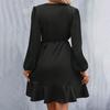 Women Mini Dress V-Neck Lantern Long Sleeve Side Lace-up Dress