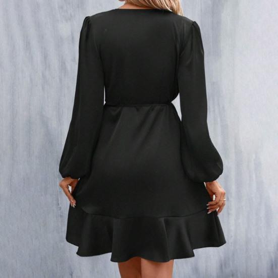 Women Mini Dress V-Neck Lantern Long Sleeve Side Lace-up Dress