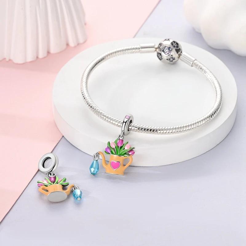 Original Charmscopper Watering Pot Tulip Flower Beads Fit Charms Platabracelets For Women Jewelry Making Fine Gifts