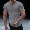 V-Neck Short Sleeve Arc Hem Men T-shirt Summer Solid Color Simple Tee Shirt Streetwear