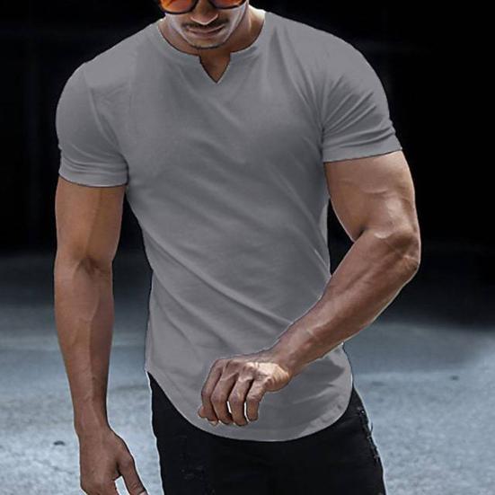 V-Neck Short Sleeve Arc Hem Men T-shirt Summer Solid Color Simple Tee Shirt Streetwear
