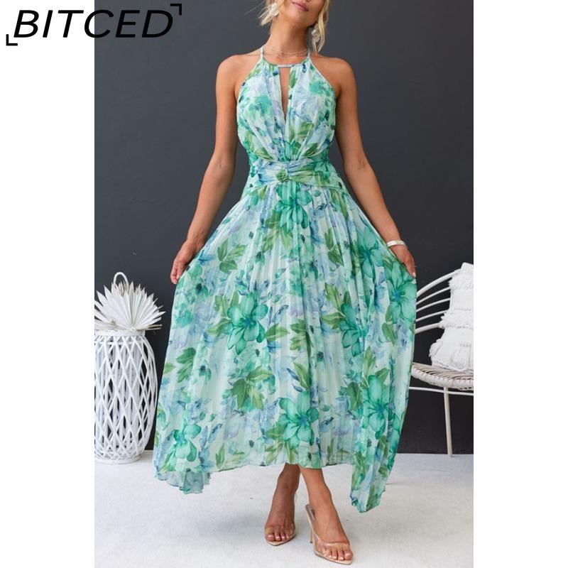BITCED Dámské letní dlouhé šaty s výstřihem do V, na špagetová ramínka, bez rukávů, s potiskem a plnou sukní