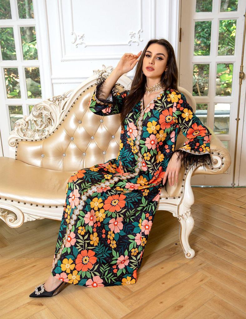 AB359 Stylish Long Robe with Feather Details: European & American Muslim Fashion