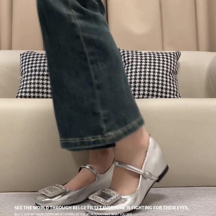 Sheepskin rhinestone square buckle silver word with Mary Jane shoes children's square head shallow mouth women's shoes inner height increase flat sole