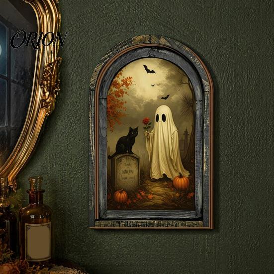 Handcrafted Retro Wooden Decor Halloween Arched Wall Hanging Plaque, Double-Layer Distressed Ghost Cat Ornament, Rustic Tabletop Signs Gothic Vintage