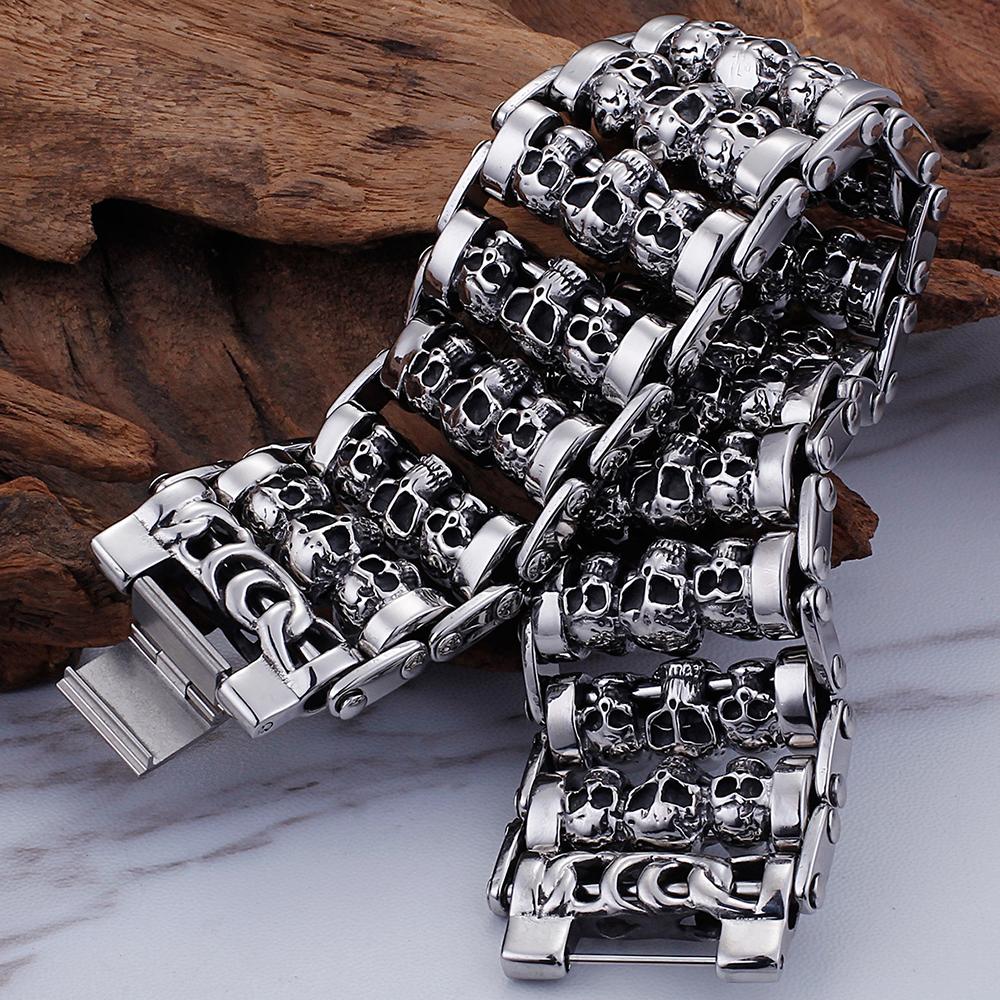 Gothic Herren Schädel Armband für Männer Massiv 316L Edelstahl 35MM Breite Punk Kette Armband Handschmuck Skelett Accessoires