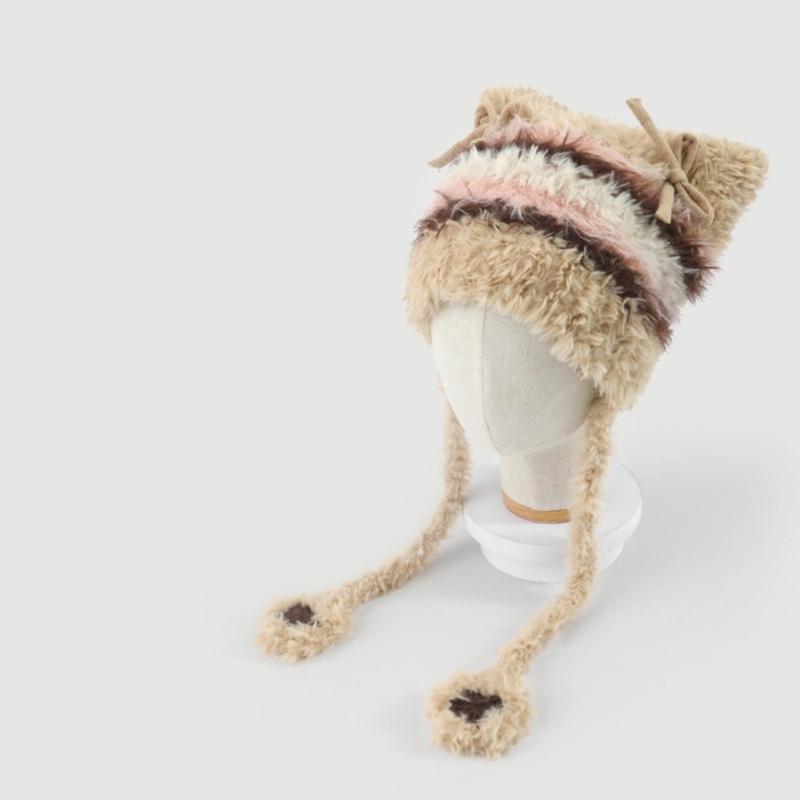 Couvre-tête de dessin animé poilu avec oreille pour sports de plein air Chapeau rayé avec oreille Couvre-chef surdimensionné Chapeau pour l'hiver