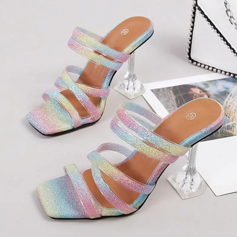 

Fashion Transparent PVC Sequins Square Toe High-heeled Sandals Candy Color Sexy Open-toe 35-46 Large Size Sandals Fashion Comfort Sandal 46 разноцветный