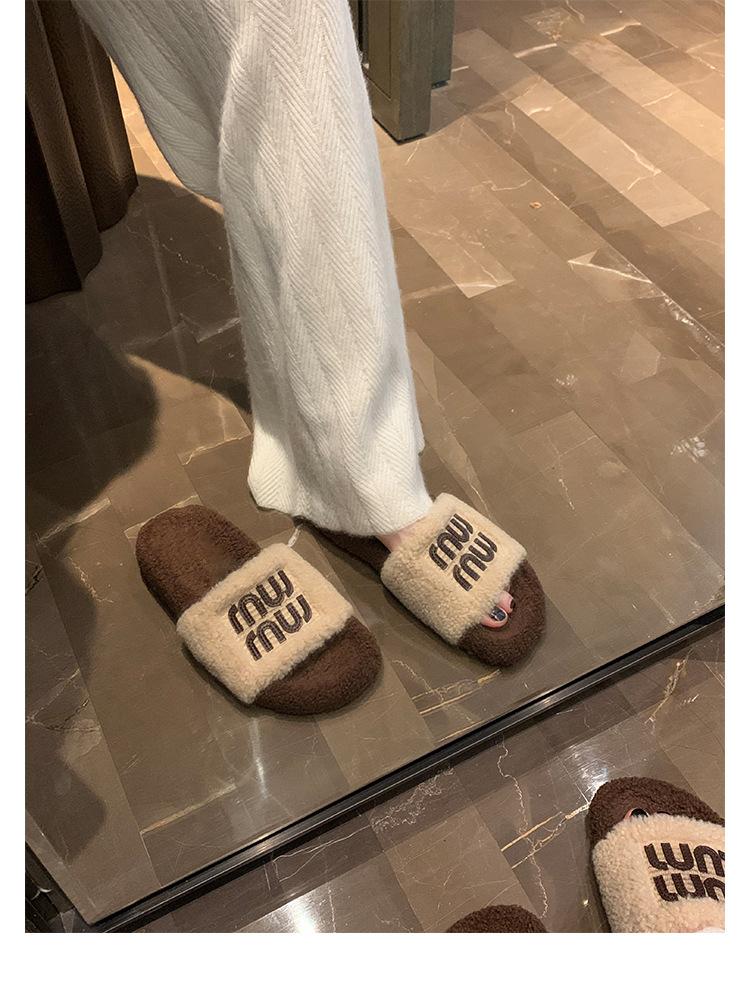 Wool version~ miu wind leather thick-soled fluffy shoes women's winter Boken outer wear warm cotton shoes Boken fluffy slippers