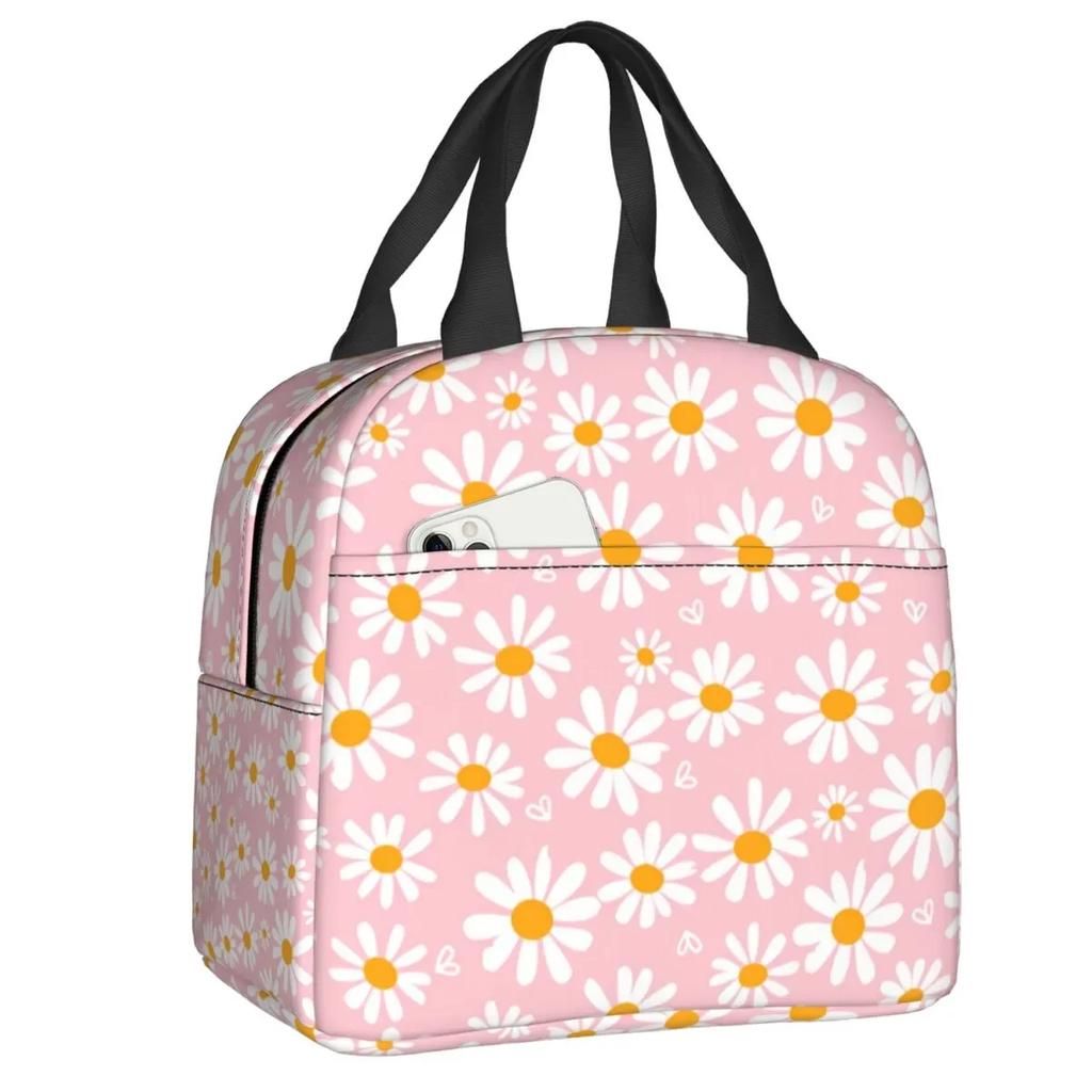 Floral Daisy Print Insulated Lunch Bag for Women Chamomile Flowers Cooler Thermal Lunch Tote Box Portable Picnic Food Bento Bags