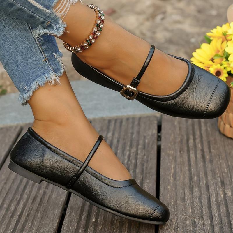 

Модные туфли-балетки с регулируемым ремешком с пряжкой для женщин Весна Осень Повседневные однотонные балетки Женские удобные с квадратным носком из искусственной кожи 41 чёрный