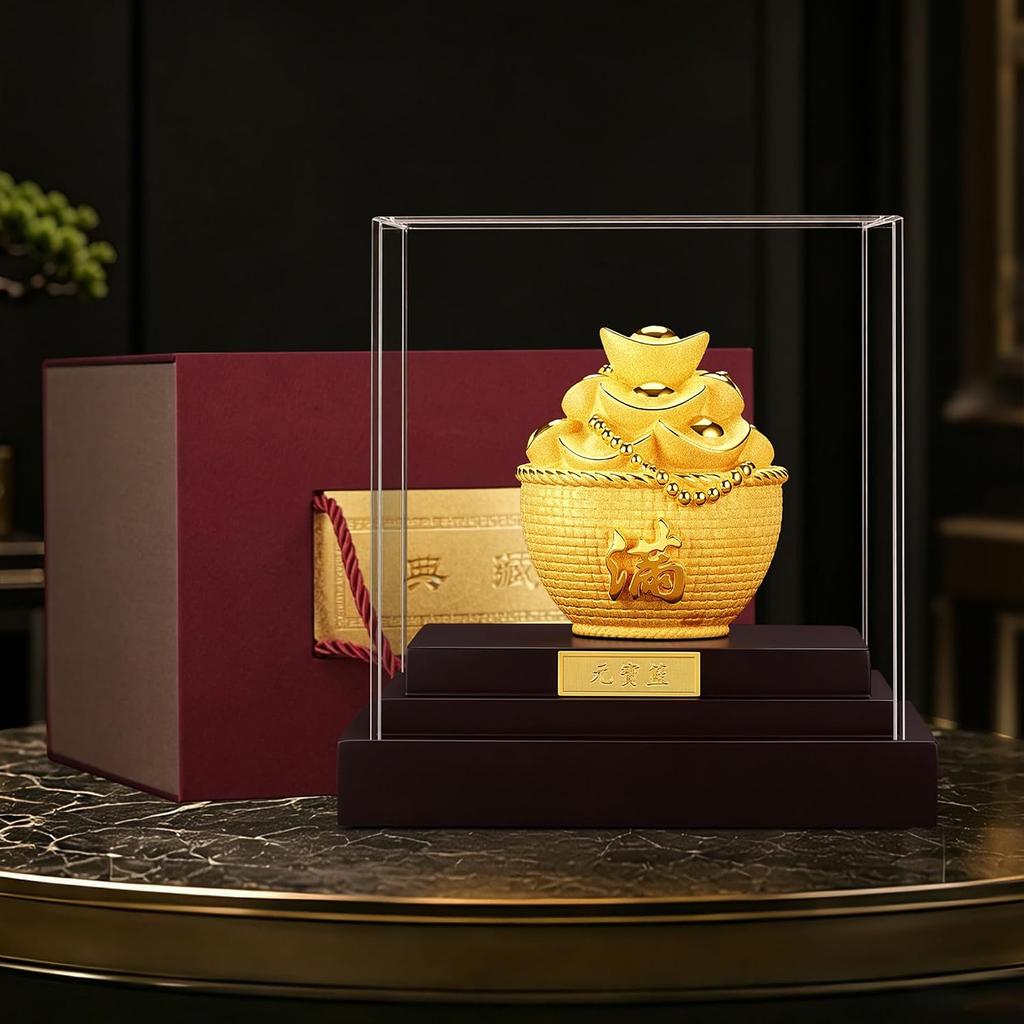 Auspicious Ingot Basket Wealth Figurine, Premium Sandblasted Metallic Sandy Finish, Oriental Feng Shui Art Style Decor, Prosperity Centerpiece for