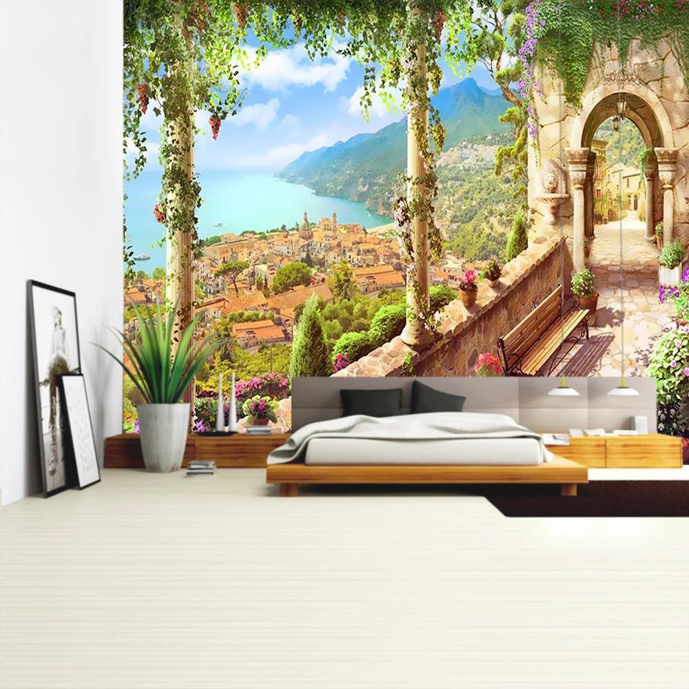 Balcony City Castle Hill Green Plant Landscape Printing Tapestry  Cheap Hippie Wall Hanging Bohemian Wall Tapestries