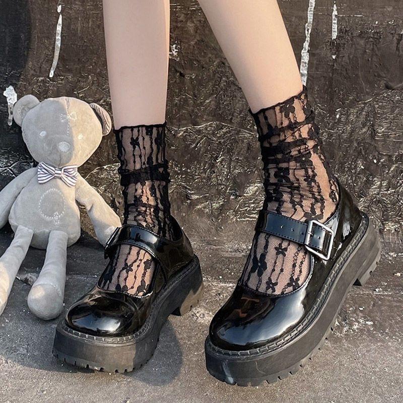 

Женские летние тонкие универсальные милые сетчатые кружевные носки-гольфы средней длины 1 pair чёрный